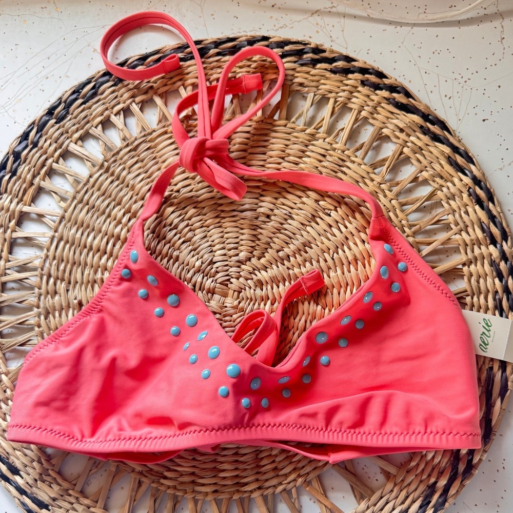 Aerie Real Good Scoop Bikini Top Coral Pink Blue Studded Ribbed Swim Size S NWT